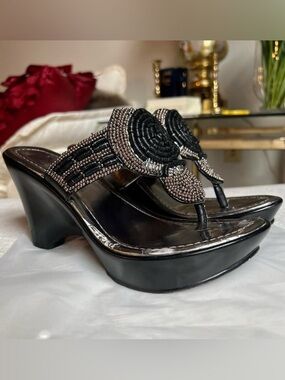 Black Beaded Wedge Thong Sandals - Elegant Evening Wedges